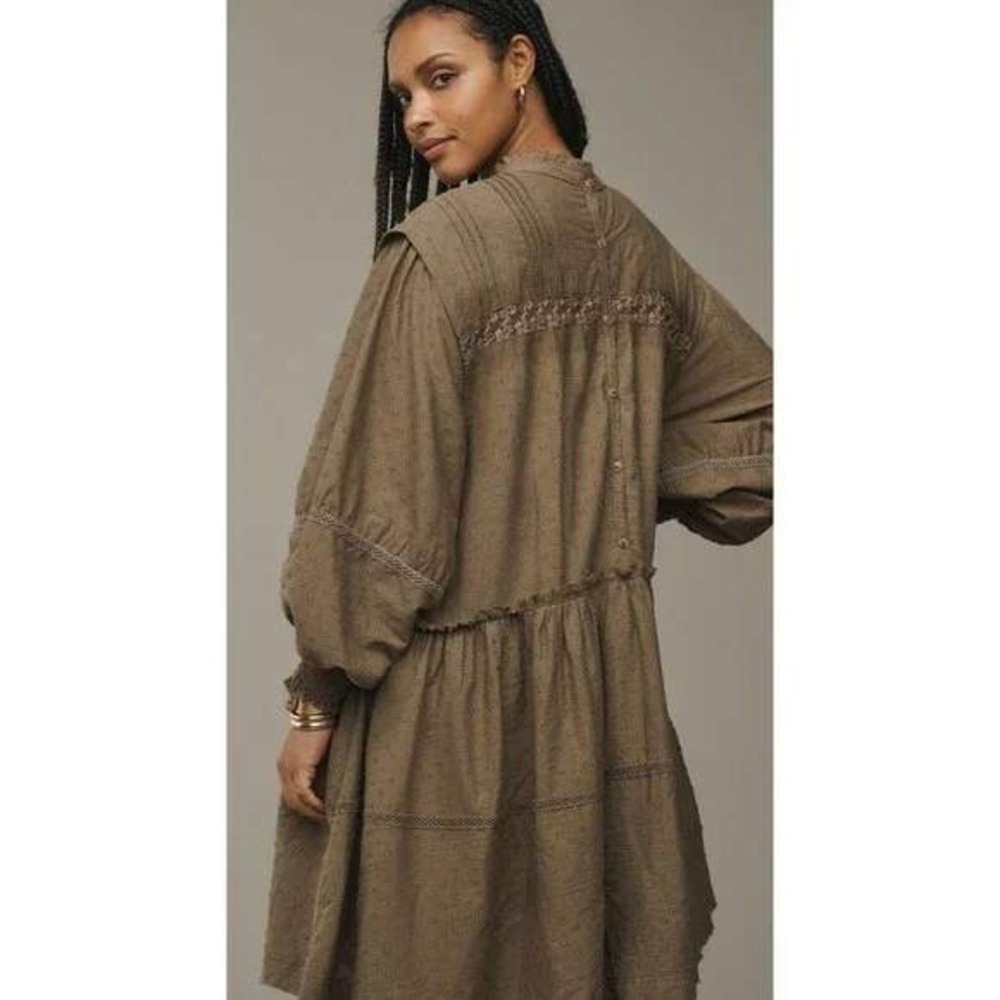 Anthropologie Pilcro Mock Neck Swing Mini Dress Olive Green Babydoll Lace Dress - Picture 3 of 12
